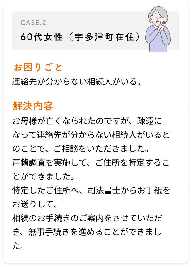 60代女性（宇多津町在住）/連絡先が分からない相続人がいる。/お母様が亡くなられたのですが、疎遠になって連絡先が分からない相続人がいるとのことで、ご相談をいただきました。戸籍調査を実施して、ご住所を特定することができました。特定したご住所へ、司法書士からお手紙をお送りして、相続のお手続きのご案内をさせていただき、無事手続きを進めることができました。