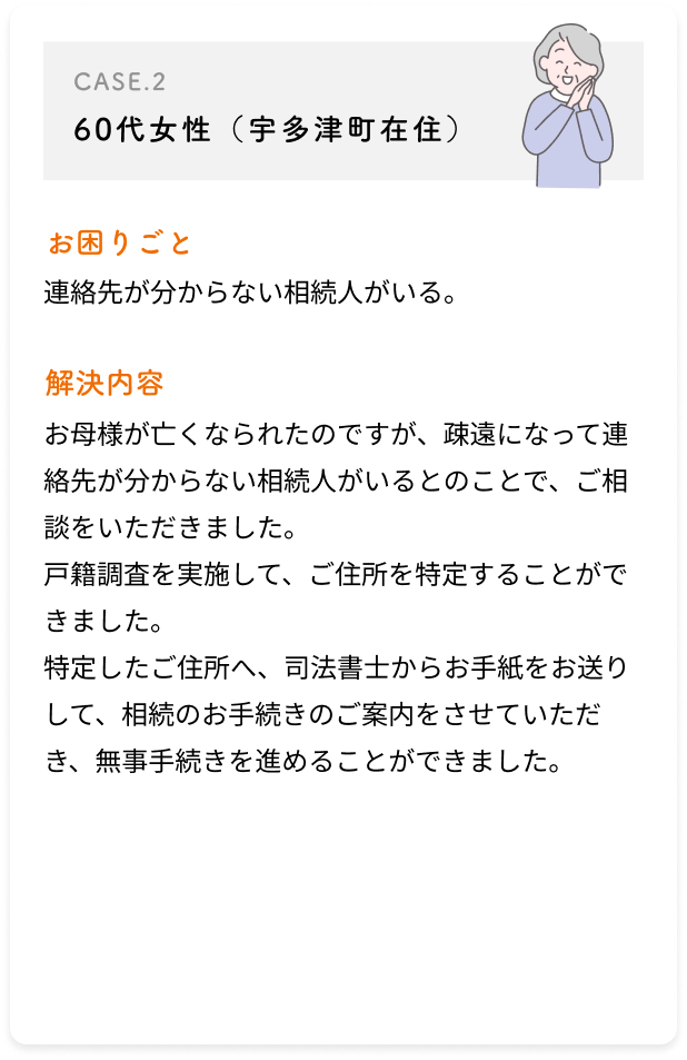 60代女性（宇多津町在住）/連絡先が分からない相続人がいる。/お母様が亡くなられたのですが、疎遠になって連絡先が分からない相続人がいるとのことで、ご相談をいただきました。戸籍調査を実施して、ご住所を特定することができました。特定したご住所へ、司法書士からお手紙をお送りして、相続のお手続きのご案内をさせていただき、無事手続きを進めることができました。