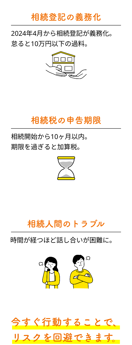 相続登記の義務化・相続税の申告期限・相続人間のトラブル｜今すぐ行動することで、リスクを回避できます。