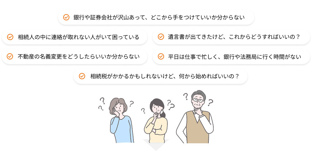 銀行や証券会社が沢山あって、どこから手をつけていいか分からない/相続人の中に連絡が取れない人がいて困っている/遺言書が出てきたけど、これからどうすればいいの？/不動産の名義変更をどうしたらいいか分からない/平日は仕事で忙しく、銀行や法務局に行く時間がない/相続税がかかるかもしれないけど、何から始めればいいの？